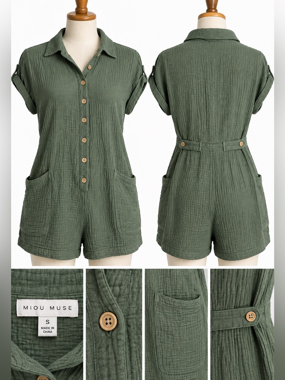 Miou Muse Cotton Gauze Romper Women’s Small Olive Green Button Front Utility